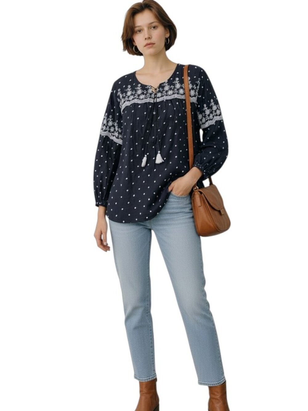 OLD NAVY Womens L Black White Swiss Dot Embroidered Top Blouse Peasant Western